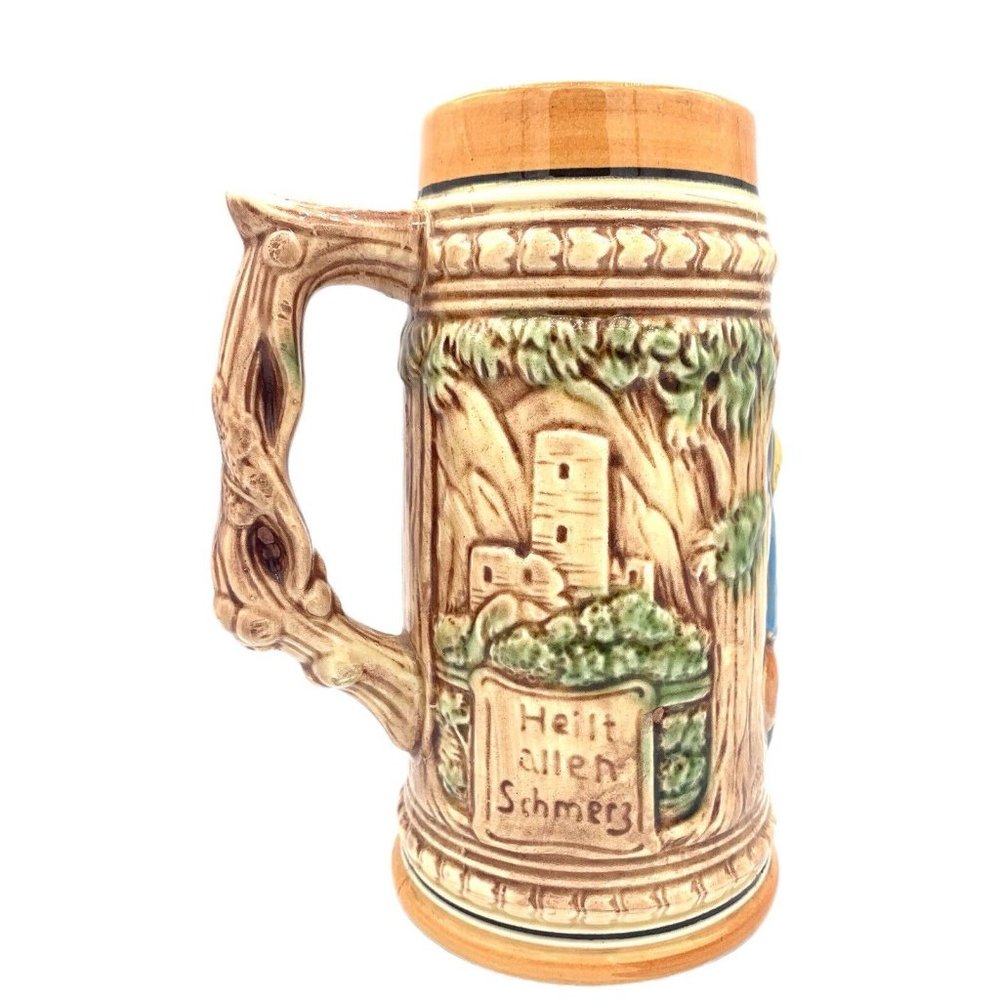 Ceramic Beer Stein Tankard Mug Couple w Village Scene Classic Style Japan Brown